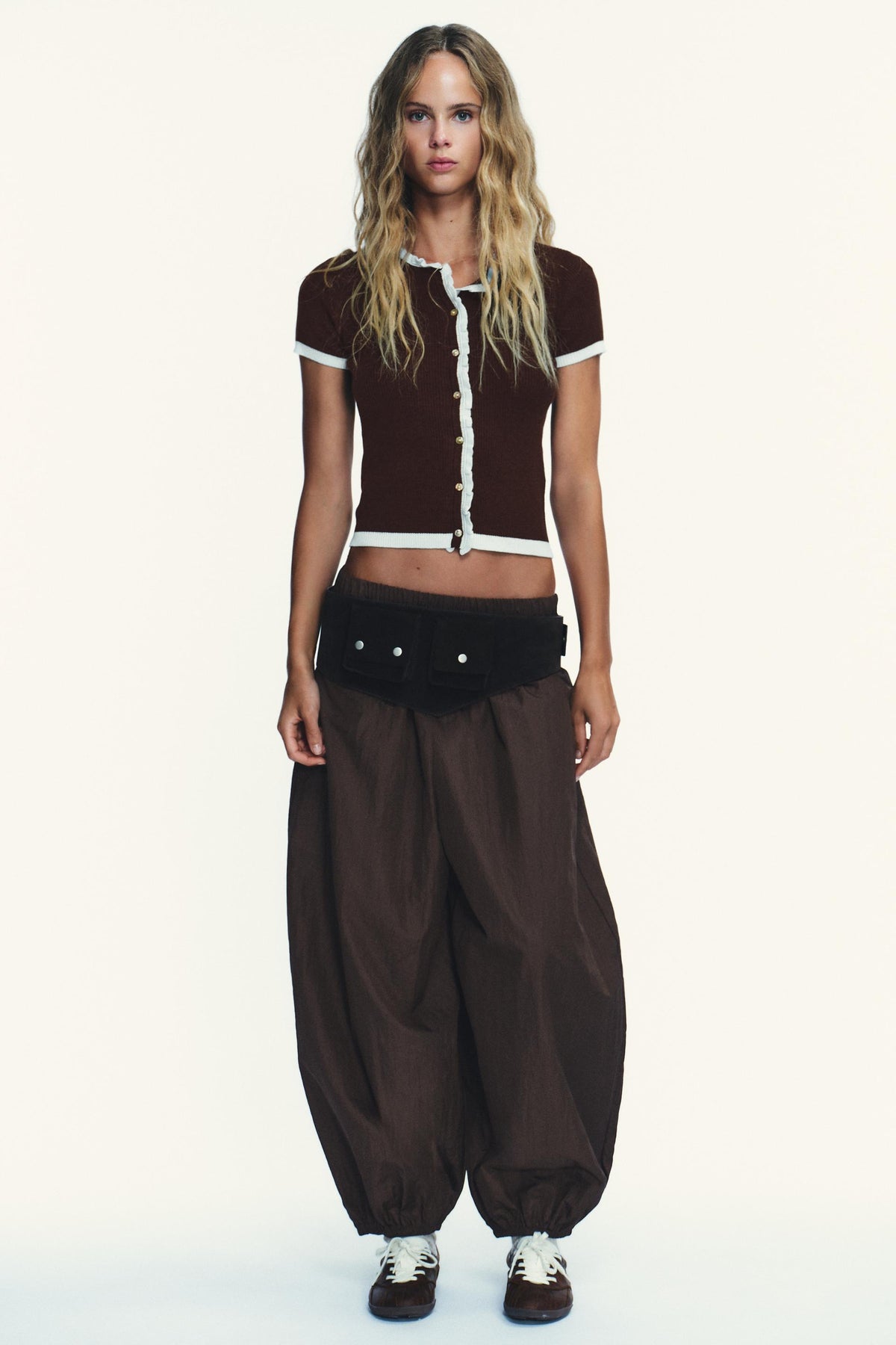 SHORT SLEEVE CONTRAST KNIT CARDIGAN - Image 1