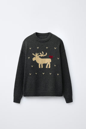 WOOL KNIT JUMPER EMBROIDERED REINDEER HEARTS - Image 1