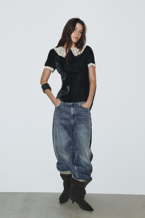 Velvet Crochet Bow Shirt