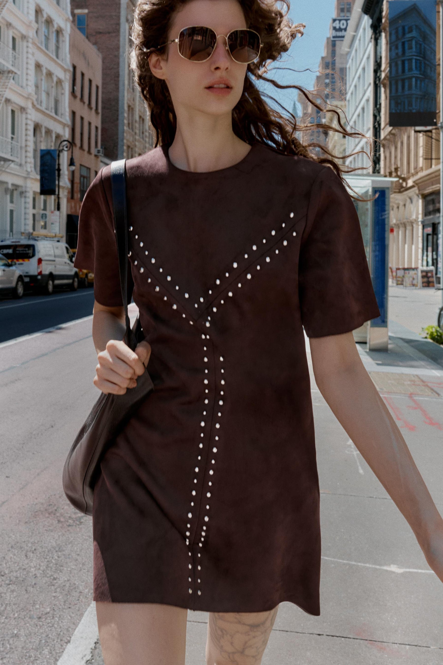 STUDDED FAUX SUEDE DRESS