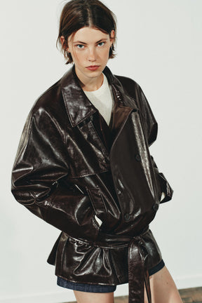 BELTED FAUX LEATHER JACKET