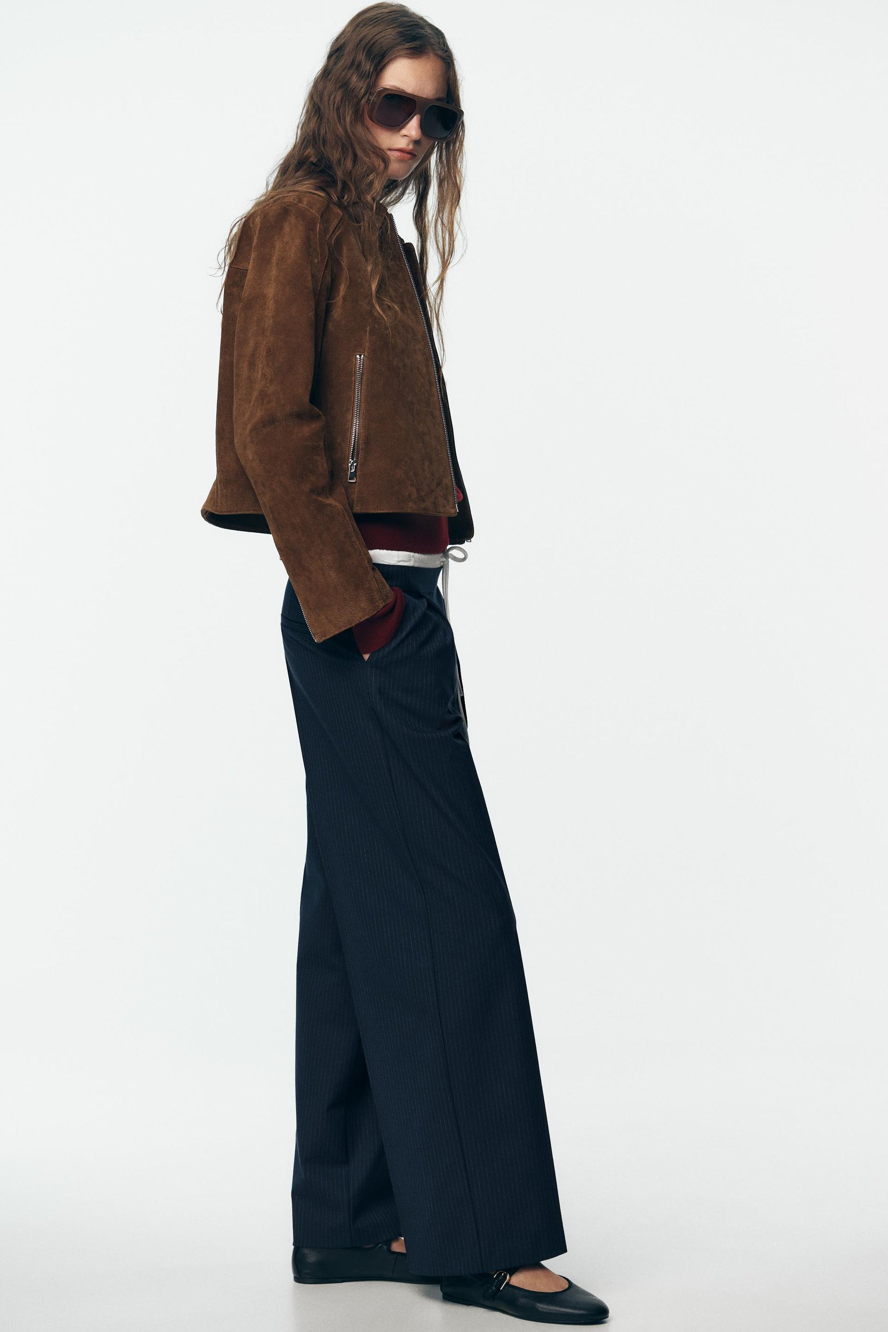 Wide-leg double waistband trousers