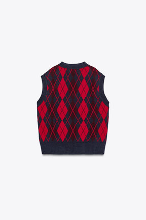 OVERSIZED ARGYLE KNIT JUMPER VEST - Image 1