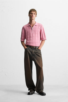 CHECKERED JACQUARD KNIT POLO SHIRT - Image 1
