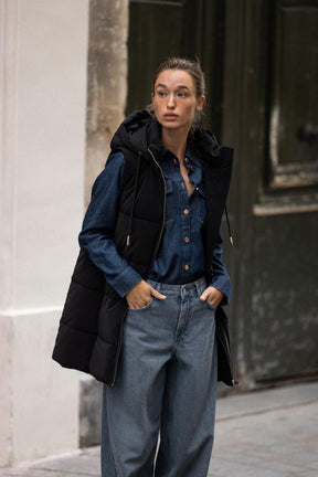 LONG QUILTED GILET WITH HOOD - Image 4