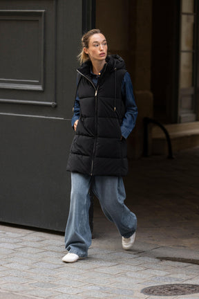 LONG QUILTED GILET WITH HOOD - Image 1