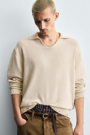 KNITTED RIPPED-EFFECT POLO SHIRT - Image 5