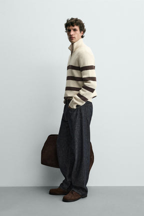 Zippered Collared Knitted Pullover