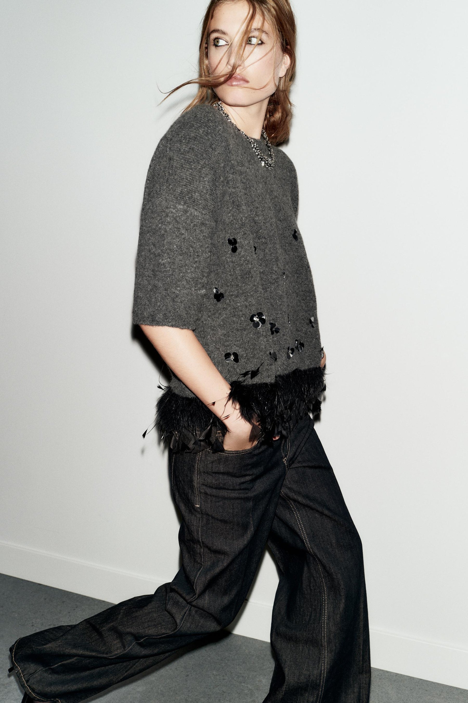 Sequin Feather Wool Jumper