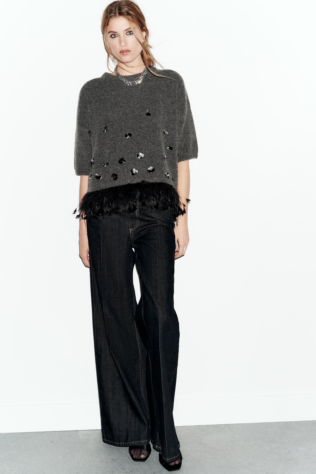 Sequin Feather Wool Jumper