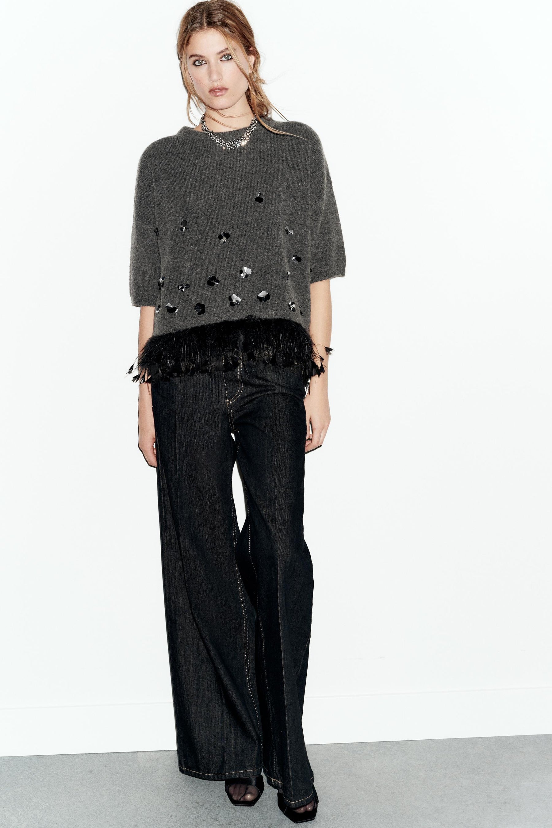 Sequin Feather Wool Jumper
