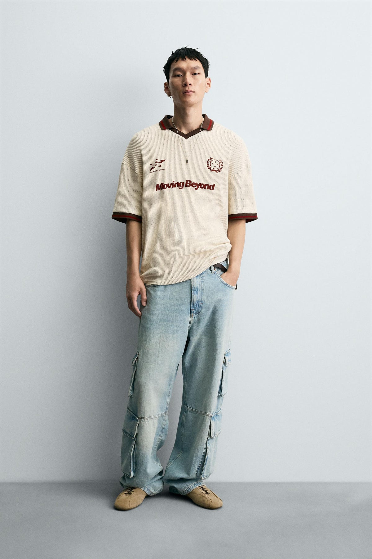 RETRO FOOTBALL TEXTURED POLO SHIRT - Image 1