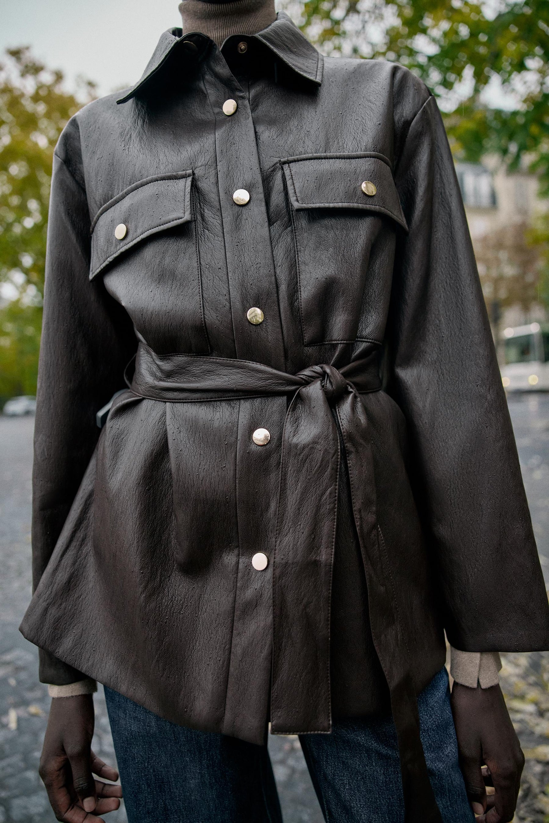 LONG FAUX LEATHER JACKET WITH BELT - Image 3