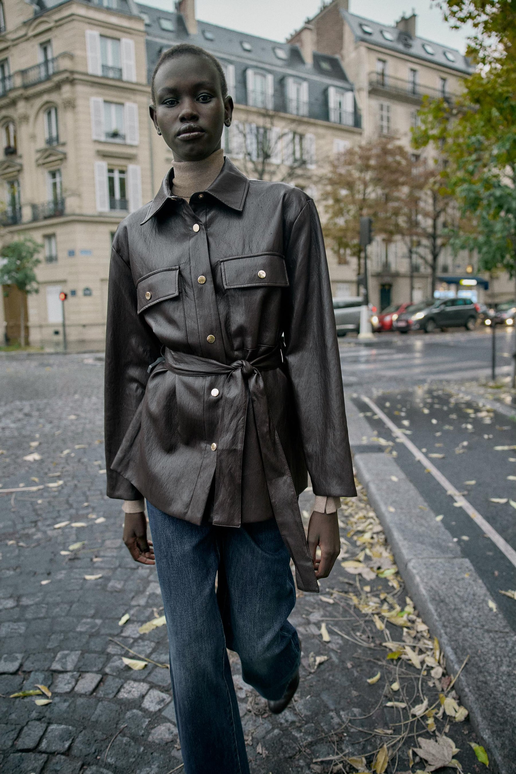 LONG FAUX LEATHER JACKET WITH BELT - Image 4