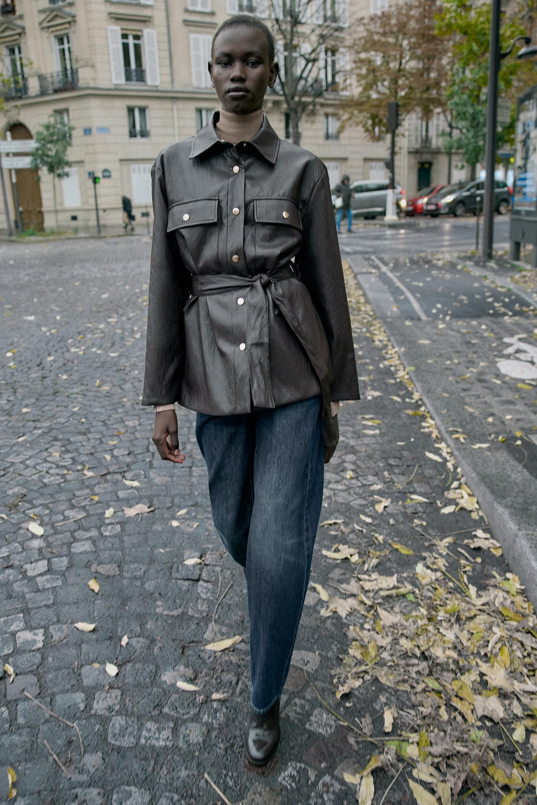 LONG FAUX LEATHER JACKET WITH BELT - Image 1