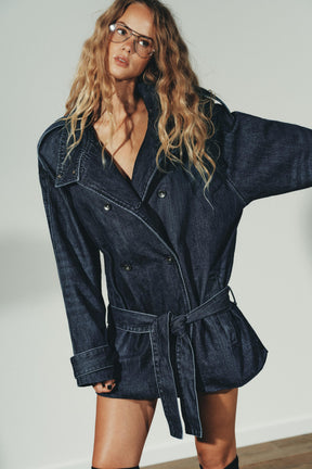 Belted Denim Midi Jacket