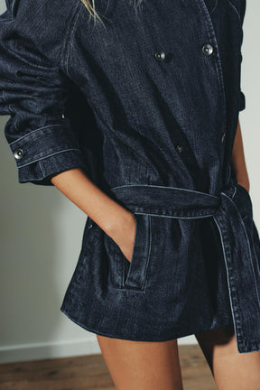 Belted Denim Midi Jacket