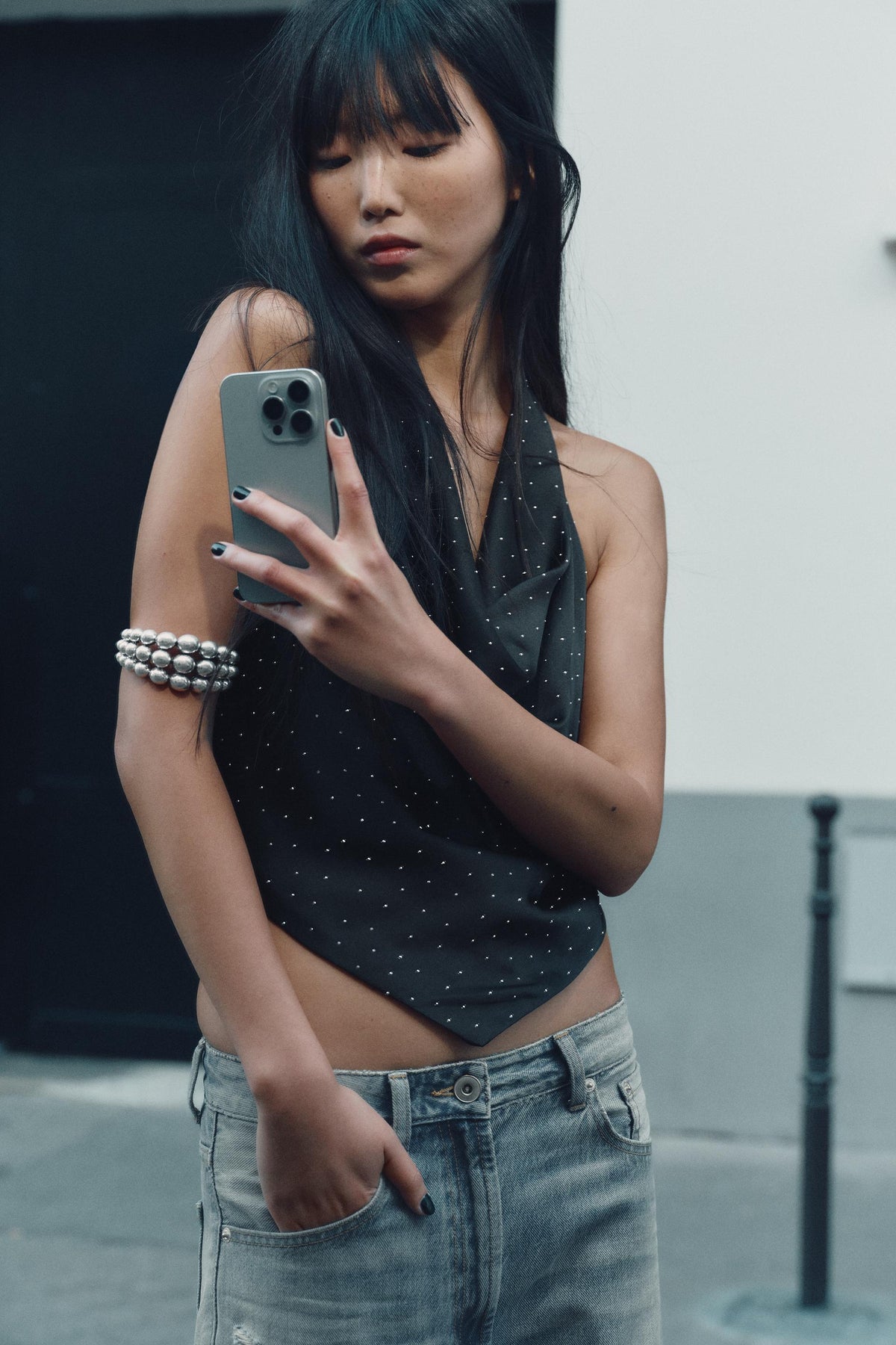 RHINESTONE SATIN HALTER TOP