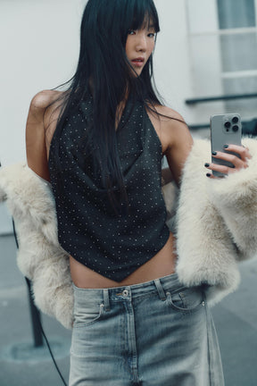 RHINESTONE SATIN HALTER TOP