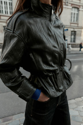 Crinkle-effect leather jacket