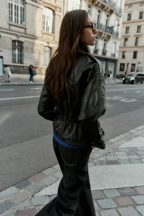 Crinkle-effect leather jacket