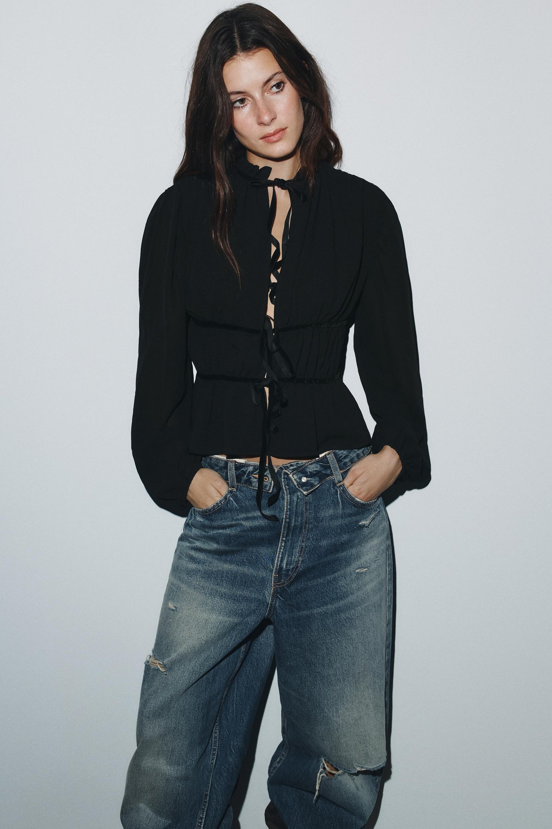 Velvet-Tie Georgette Blouse