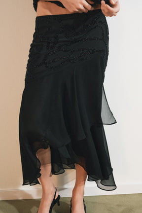 BEADED RUFFLE MIDI SKIRT