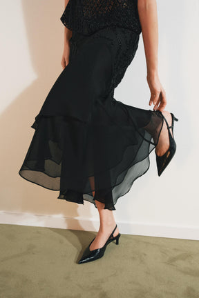 BEADED RUFFLE MIDI SKIRT