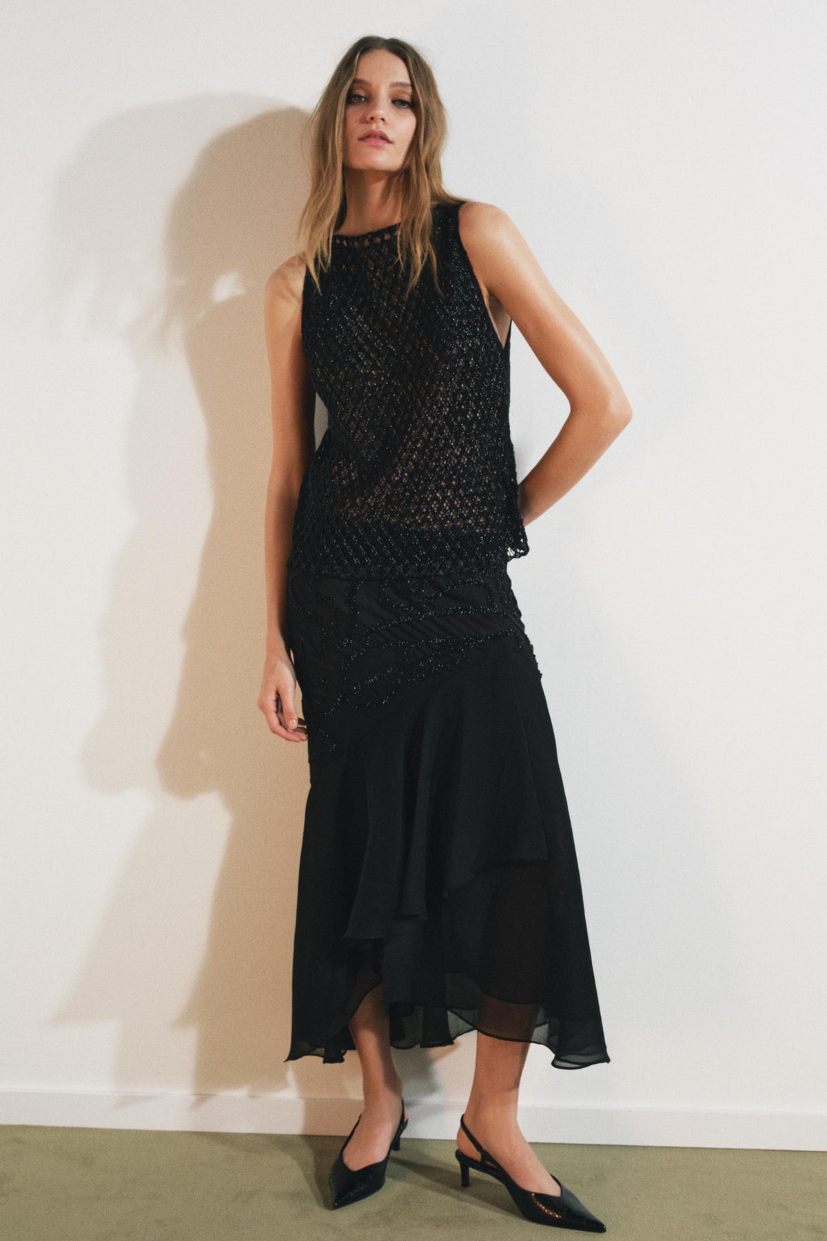 BEADED RUFFLE MIDI SKIRT