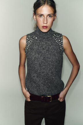 WOOL BLEND TOP WITH RHINESTONE BEADS - Image 1