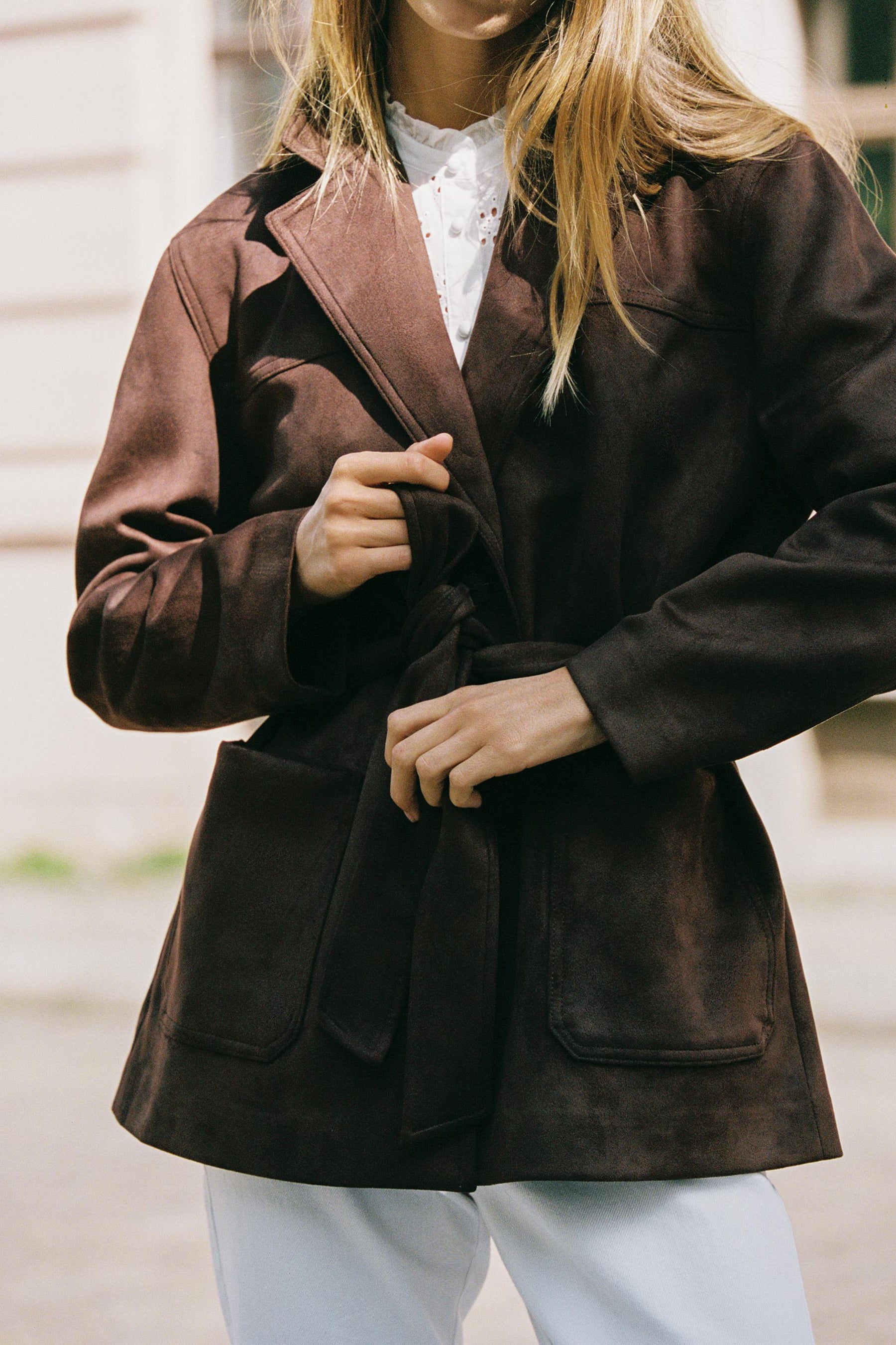 SUEDE EFFECT BELTED JACKET