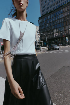 CONTRAST MIDI DRESS WITH LEATHER EFFECT SKIRT - Image 2