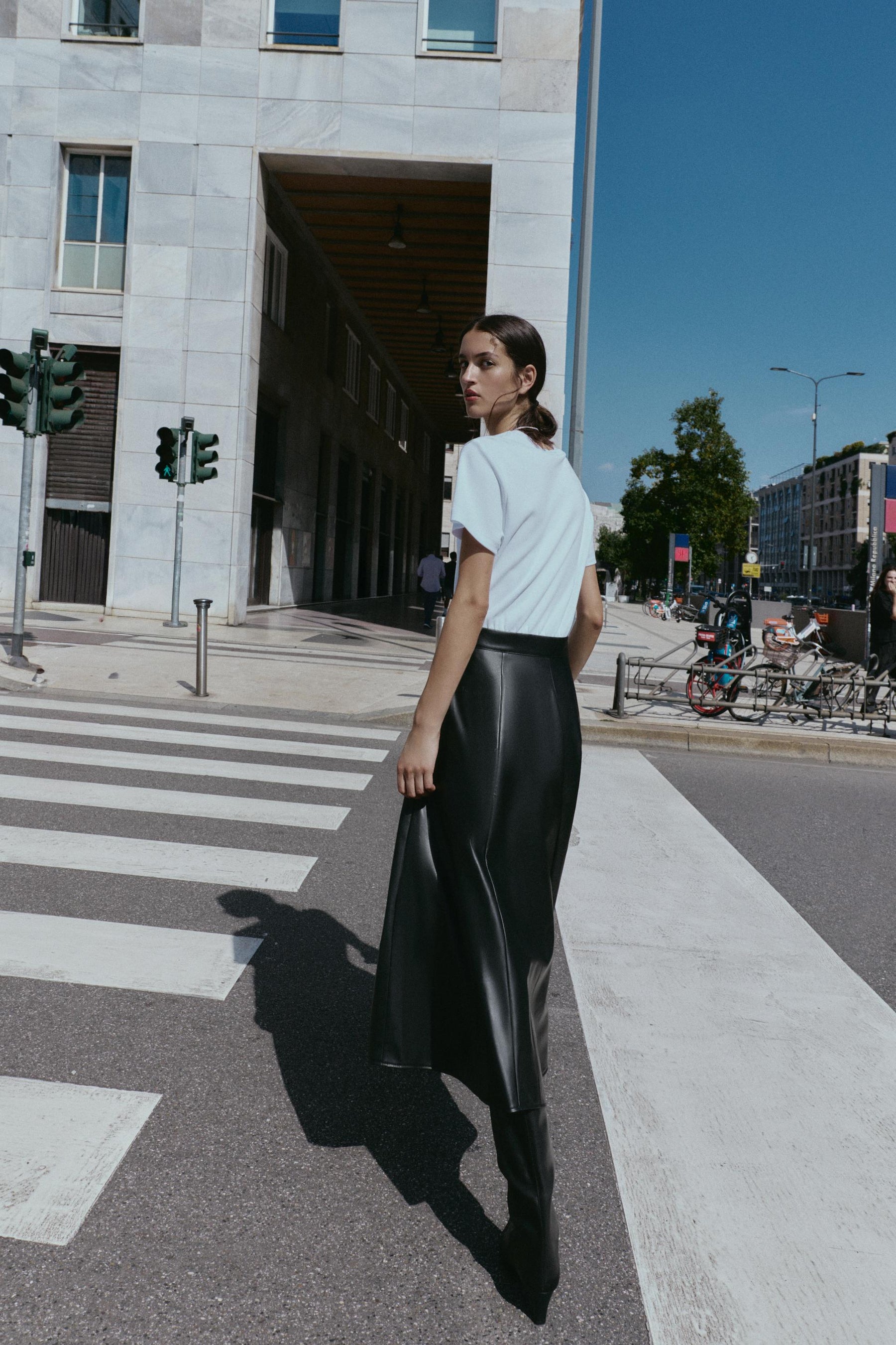 CONTRAST MIDI DRESS WITH LEATHER EFFECT SKIRT - Image 3