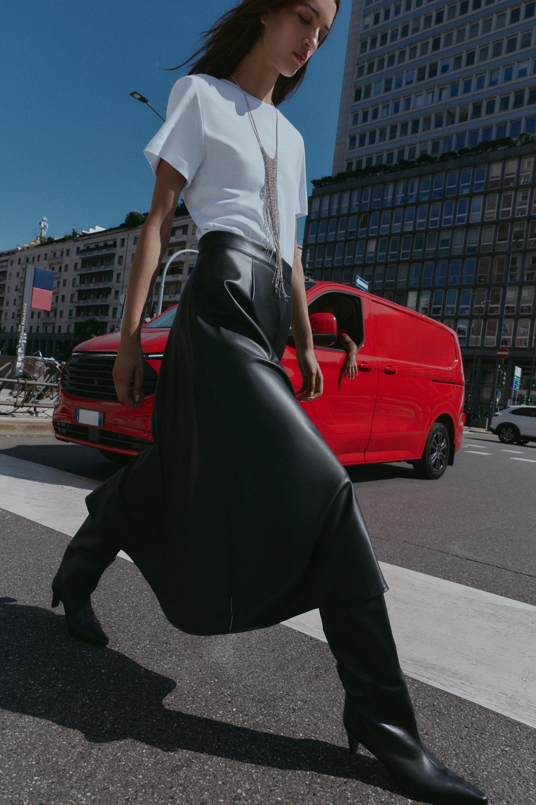 CONTRAST MIDI DRESS WITH LEATHER EFFECT SKIRT - Image 4