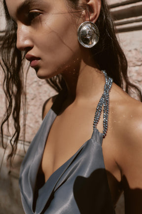 ASYMMETRIC BEADED SATIN MIDI DRESS - Image 3