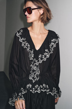 Embroidered Ruffle Blouse