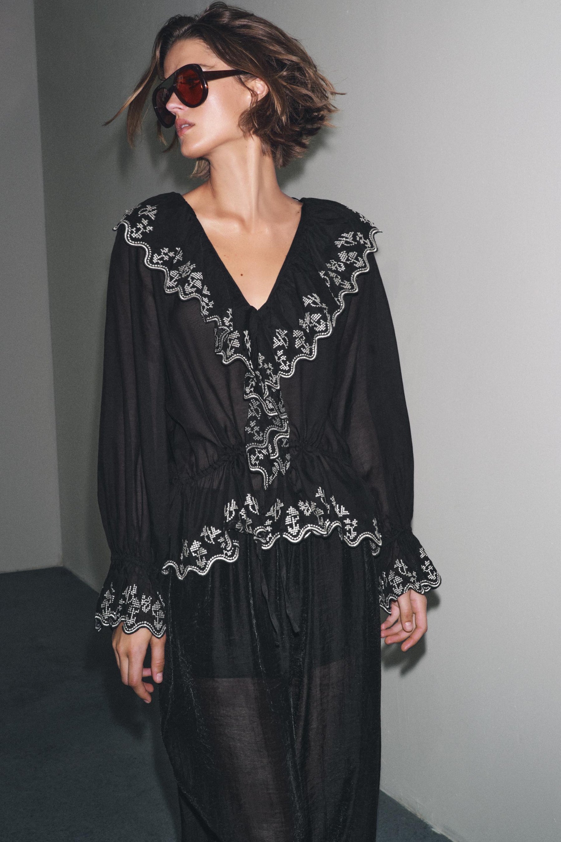 Embroidered Ruffle Blouse