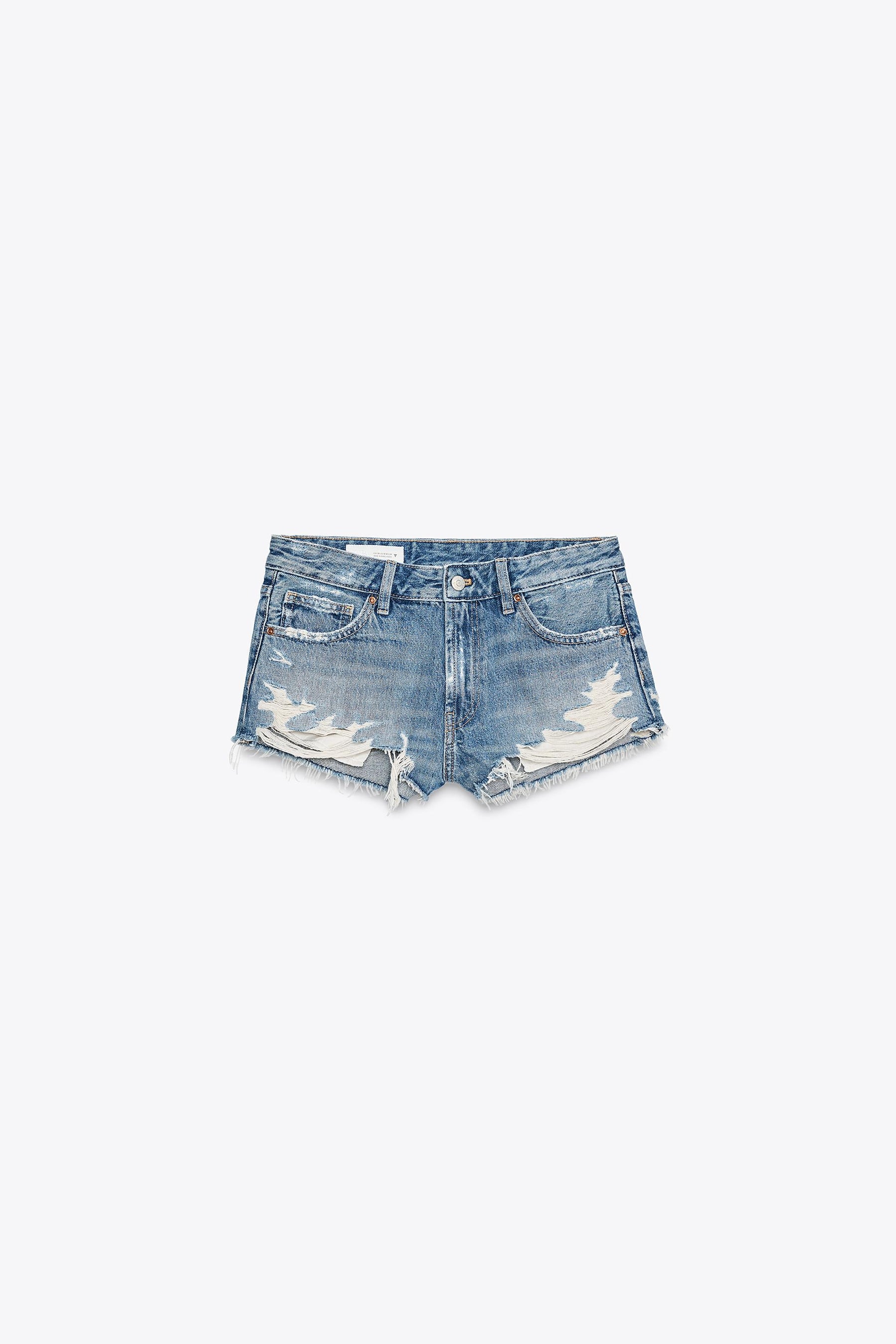 Denim mid-waist ripped shorts