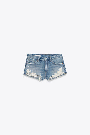 Denim mid-waist ripped shorts