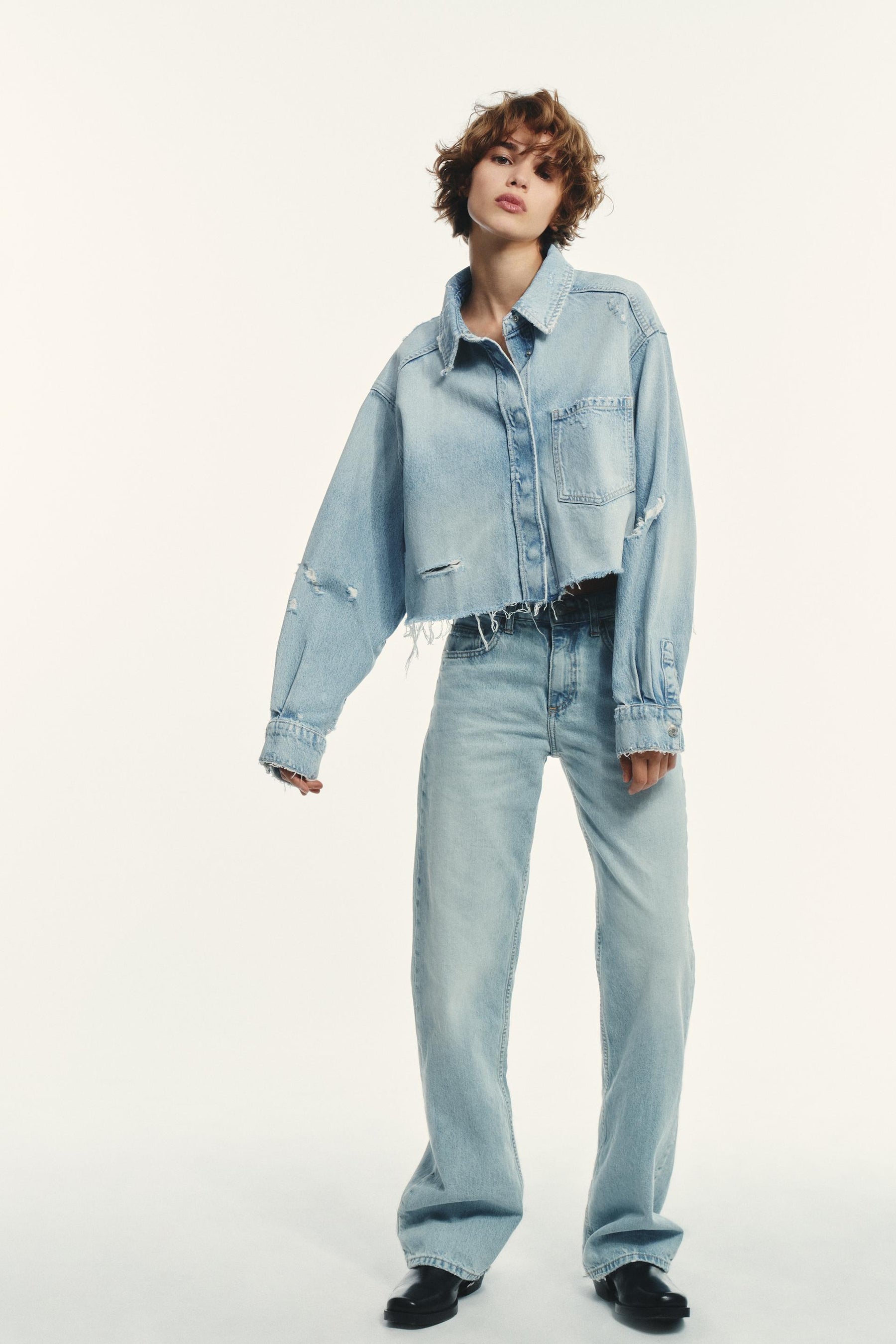 TRF RIPPED CROP DENIM OVERSHIRT - Image 1