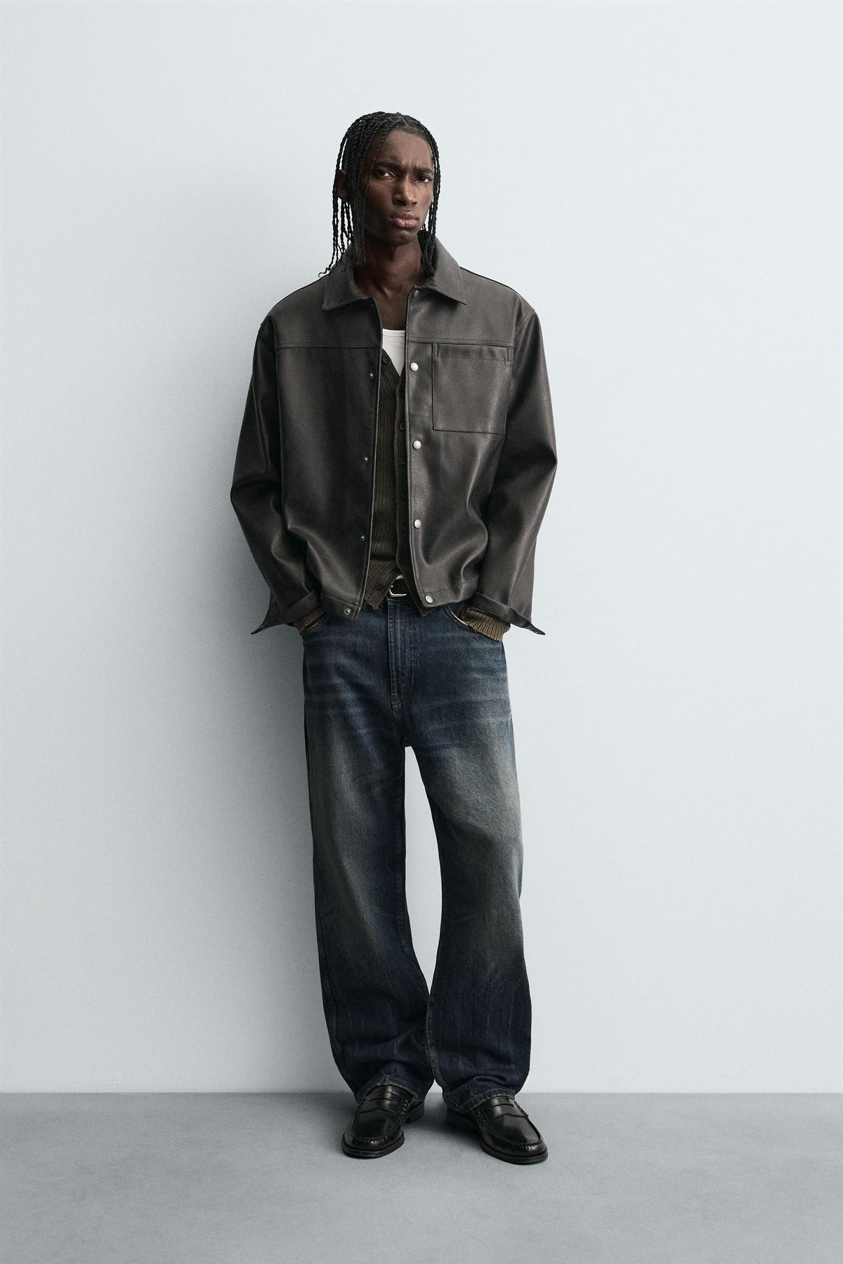 WASHED FAUX LEATHER OVERSHIRT - Image 1