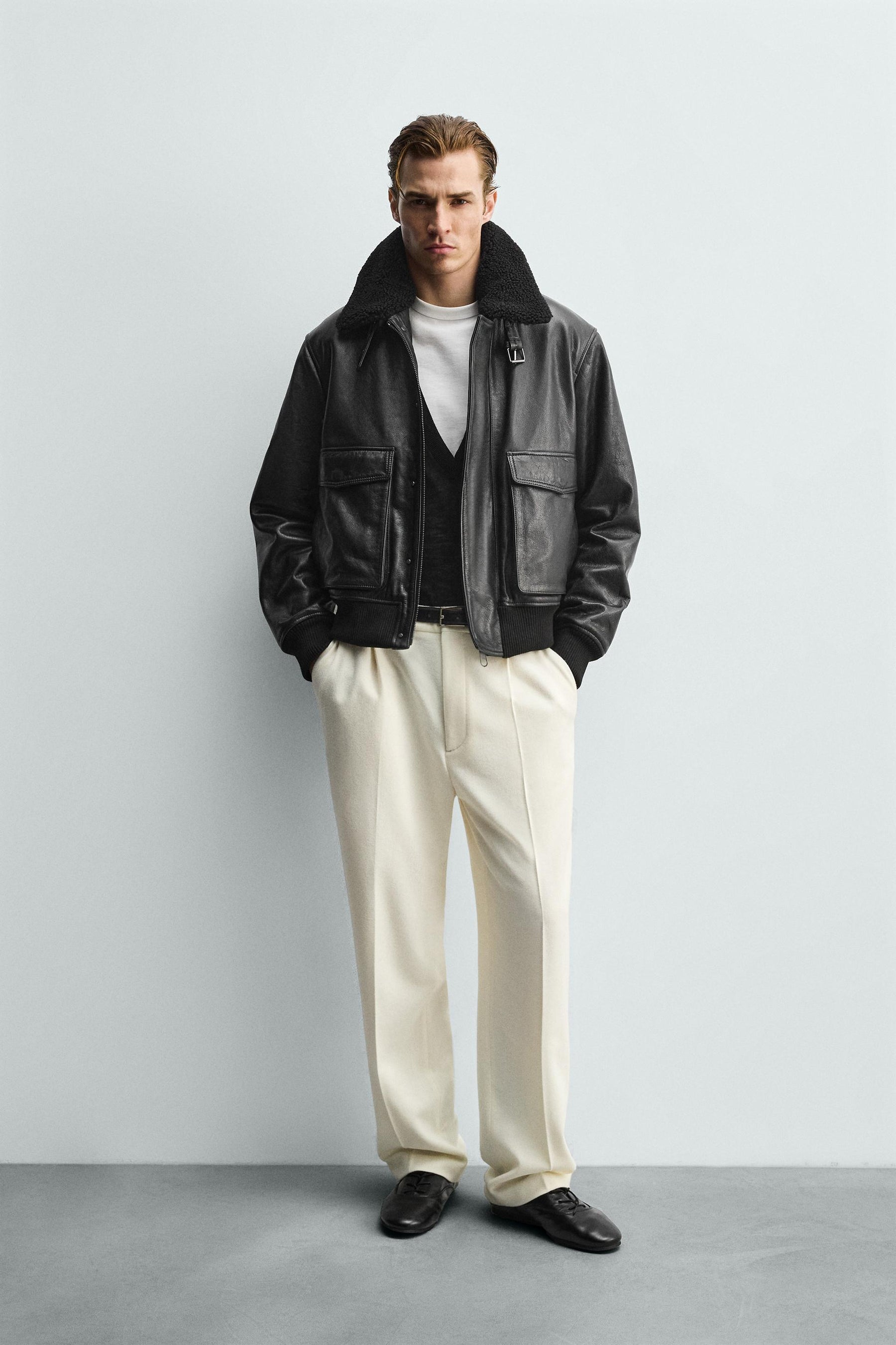 LEATHER JACKET WITH CONTRAST COLLAR - Image 1