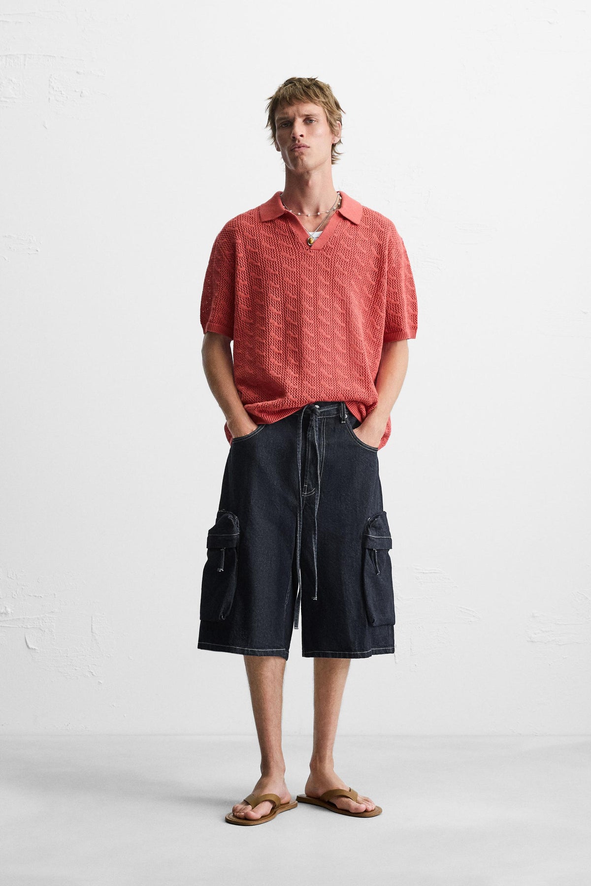 WIDE-LEG DENIM CARGO BERMUDA SHORTS - Image 1
