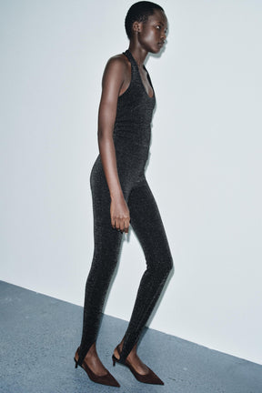 Shiny stretch halter top.