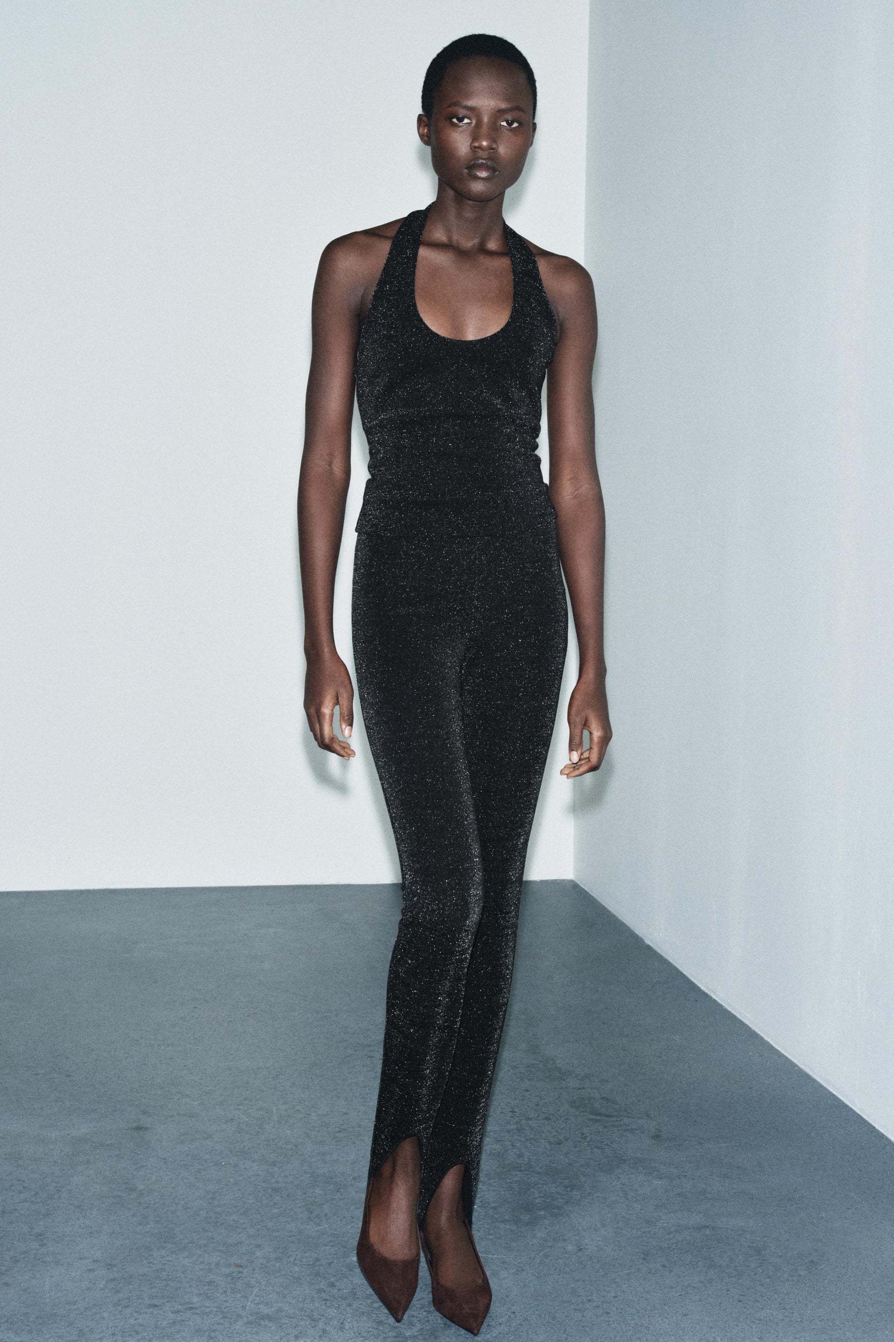 Shiny stretch halter top.