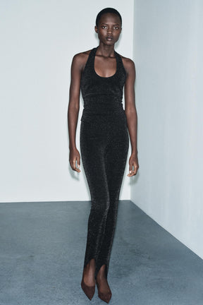 Shiny stretch halter top.