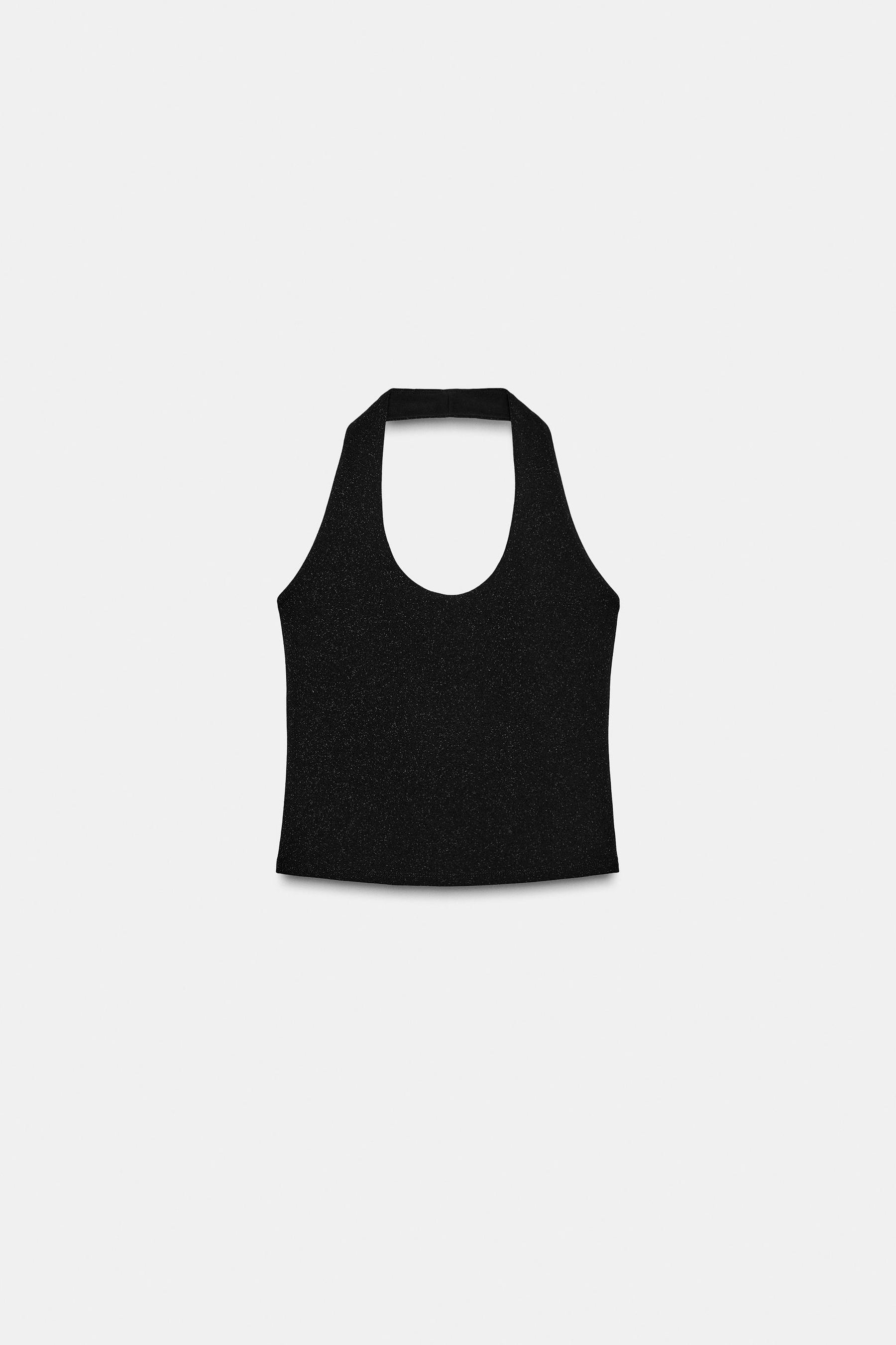 Shiny stretch halter top.