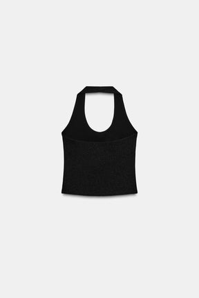 Shiny stretch halter top.