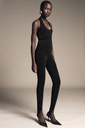 Shiny stretch halter top.