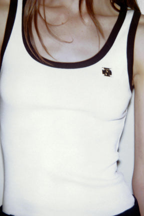 Contrast-Trimmed Brooch-Accented Top